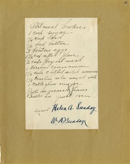 Billy Sunday & Wife Handwritten and Signed Original Oatmeal Cookie Recipe